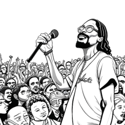 Desenho em arte de linha de Snoop Dogg, segurando um microfone, cercado por uma multidão de fãs aplaudindo.