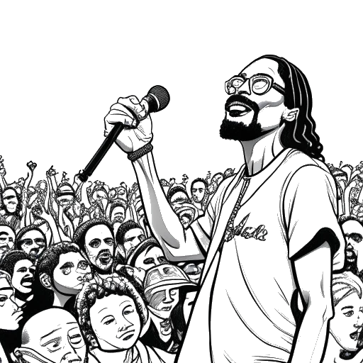 Line art drawing of Snoop Dogg, holding a microphone, surrounded by a crowd of cheering fans.