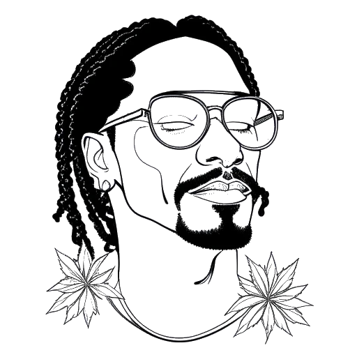 Desenho em arte linear de um homem representando Snoop Dogg com cabelos trançados e óculos escuros, cercado por notas musicais e folhas de maconha, tudo em um fundo branco.