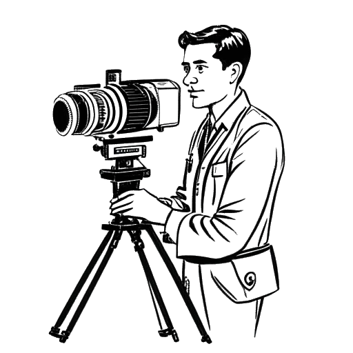 Dibujo de línea de un hombre representando a Snoop Dogg sosteniendo un guion, con una cámara de cine representando su carrera actoral en el fondo