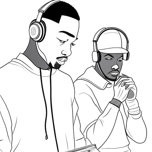 Line art drawing of a man representing Dr. Dre listening to a mixtape, with a young man representing Snoop Dogg rapping in the background