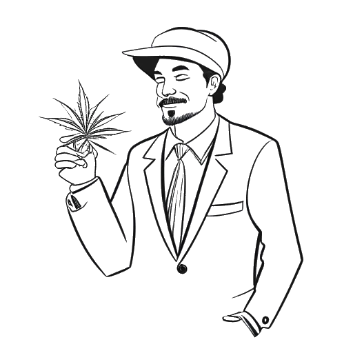 Line art drawing of a man representing Snoop Dogg holding a cannabis leaf, with a gavel representing his advocacy for marijuana legalization in the background