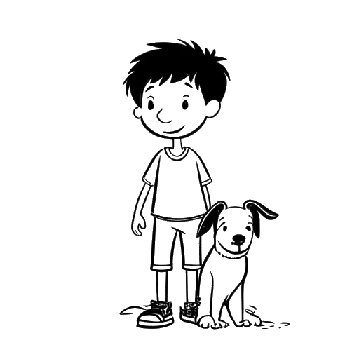 Line art drawing of a boy representing Snoop Dogg with a cartoon dog