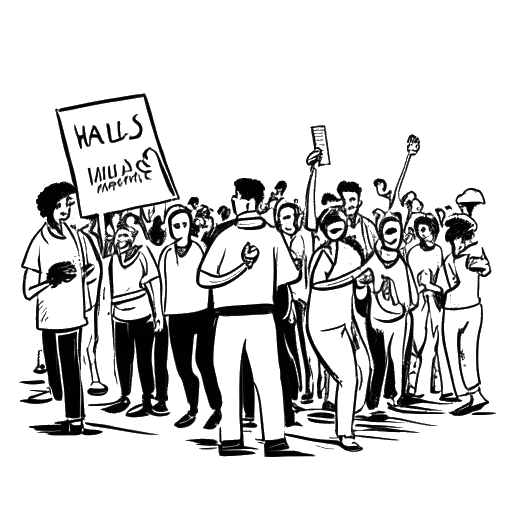 Dibujo de línea de un hombre representando a Snoop Dogg sosteniendo un cartel, con un grupo de personas representando la marcha pacífica que organizó en el fondo