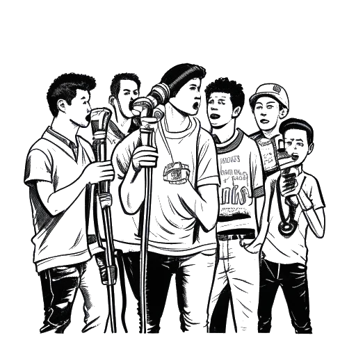 Disegno lineare di un gruppo di uomini che rappresentano Snoop Dogg e i suoi cugini, con microfoni in mano e il numero 213 sullo sfondo.