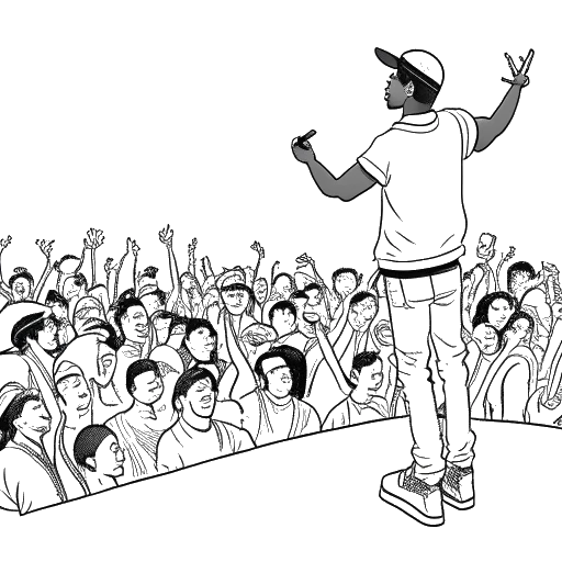 Line art drawing of a teenager representing Snoop Dogg rapping in front of a crowd at school
