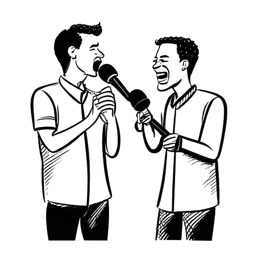 Line art drawing of two men representing Snoop Dogg and Tupac holding microphones, with a music note representing their collaboration in the background