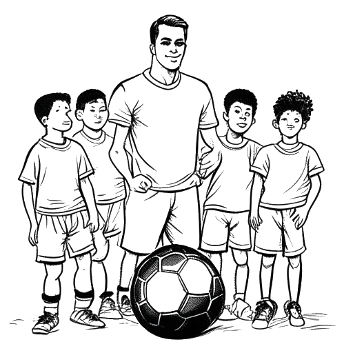 Line art drawing of a man representing Snoop Dogg holding a football, with a group of youth football players representing the league he launched in the background