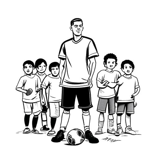 Line art drawing of a man representing Snoop Dogg holding a football, with a youth football team representing his coaching career in the background