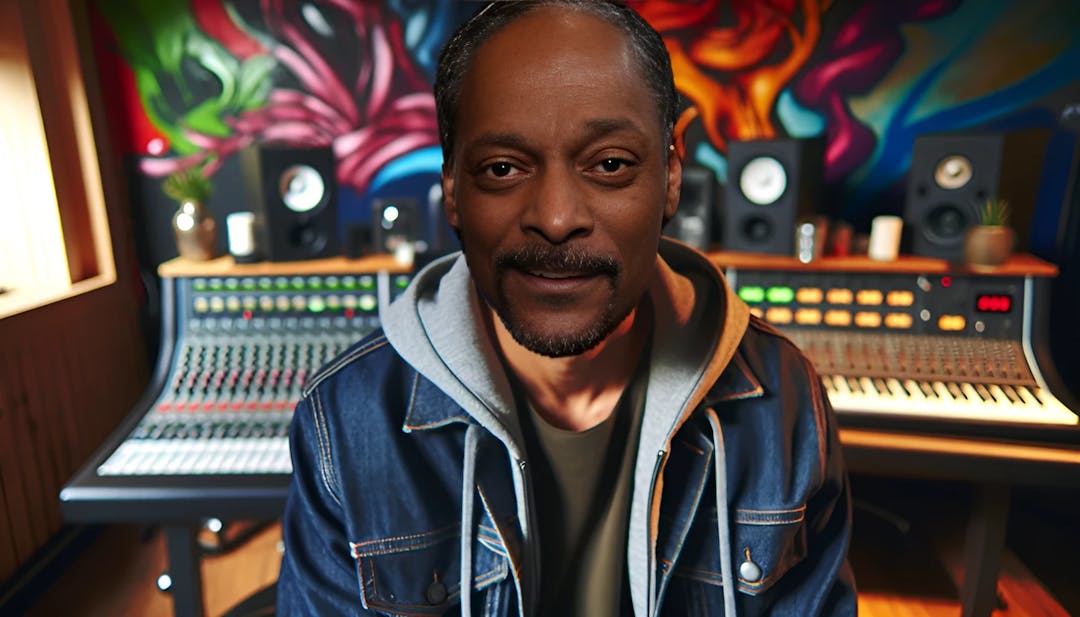 Snoop Dogg, un hombre de mediana edad con tez morena oscura, cabeza calva y una expresión segura. Se le ve en un vibrante estudio de música rodeado de coloridas obras de arte de grafiti y equipo de audio profesional. Lleva un atuendo elegante y casual, reflejando su personalidad cool y relajada.