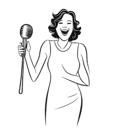 Lijntekening van een vrouw, die Tana Mongeau vertegenwoordigt, met een trofee voor 'Creator van het Jaar', met een podcastmicrofoon en een wijnfles, waarbij haar diverse prestaties worden afgebeeld, tegen een witte achtergrond.