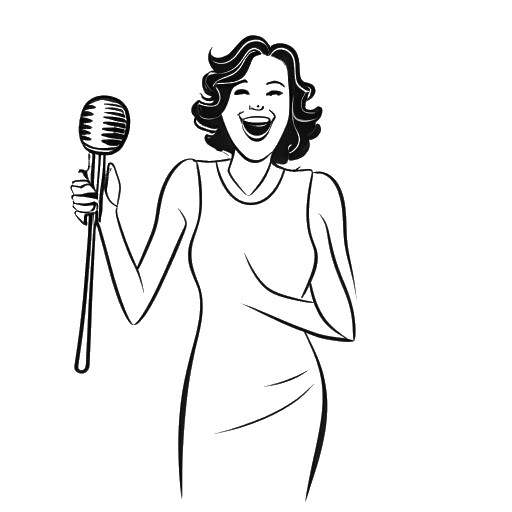 Dibujo de línea de una mujer, representando a Tana Mongeau, sosteniendo un trofeo por 'Creadora del Año', con un micrófono de podcast y una botella de vino, mostrando sus diversos logros, todo contra un fondo blanco.