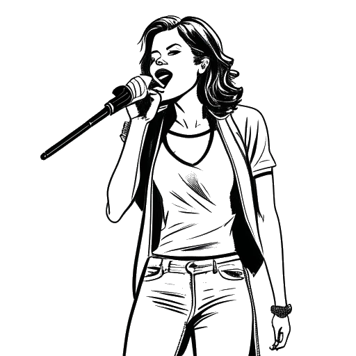 Line art of a woman, representing Tana Mongeau, standing confidently with a microphone, legal documents marked 'FBI', and a glimpse of a concert stage backdrop, all against a white background.
