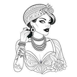 Dibujo de línea de una mujer, representando a Tana Mongeau, con un velo de novia y joyas llamativas, presentando un tatuaje con el nombre 'Tana', ambientado en una festiva atmósfera de boda en Las Vegas, contra un fondo blanco.