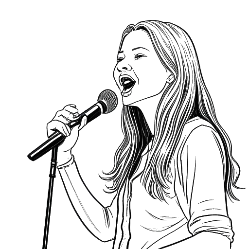 Disegno a linea di una donna, che rappresenta Tana Mongeau, con lunghi capelli che parla appassionatamente in un microfono, con la facciata di un negozio Walmart sullo sfondo, su uno sfondo bianco.