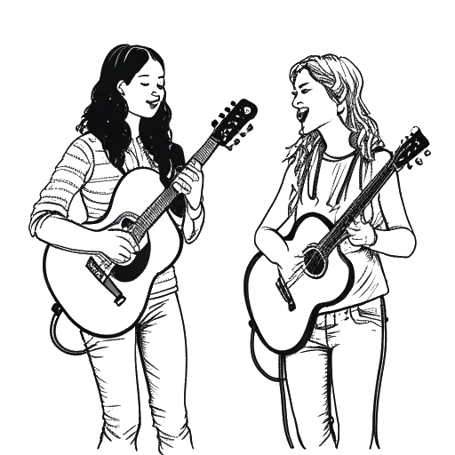 Line art drawing of two women representing Tana Mongeau and Bella Thorne, with one holding a microphone and the other holding a guitar
