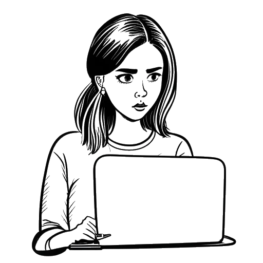 Dibujo de arte lineal de una mujer que representa a Tana Mongeau, con una expresión preocupada, sosteniendo una computadora portátil con el logo del 'FBI' en la pantalla