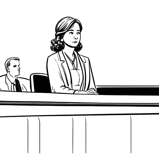 Line art drawing of a woman representing Tana Mongeau, standing in front of a judge's bench, with a worried expression