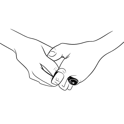 Line art drawing of a man and a woman representing Jake Paul and Tana Mongeau, holding hands, with a wedding ring on the woman's finger