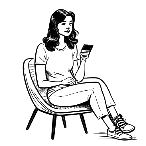 Line art drawing of a woman representing Tana Mongeau, sitting on a talk show set, with a speech bubble that says 'Deadahh'