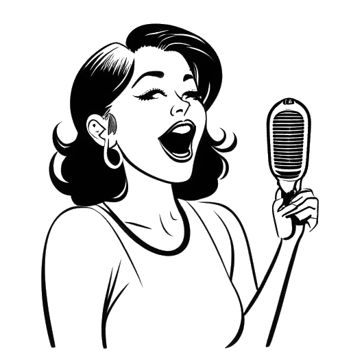 Line art drawing of a woman representing Tana Mongeau, holding a microphone and singing, with three speech bubbles that say 'W', 'Fuck Up', and 'FaceTime'