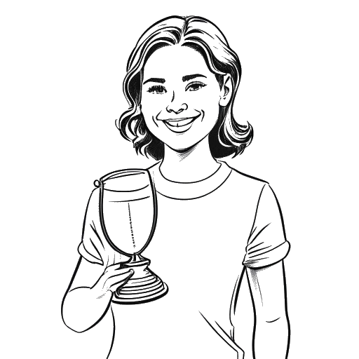 Line art drawing of a woman representing Tana Mongeau, holding a trophy, with a smile on her face
