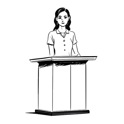 Line art drawing of a woman representing Tana Mongeau, standing behind a podium, with a sad expression