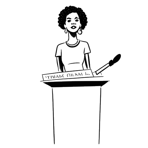 Disegno in stile line art di una donna che rappresenta Tana Mongeau, in piedi dietro un podio, con un fumetto che dice 'The N Word'