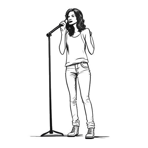 Line art drawing of a woman representing Tana Mongeau, standing on a stage, with a microphone in her hand