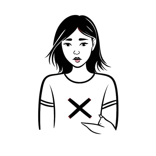 Disegno in stile line art di una donna che rappresenta Tana Mongeau, che tiene un logo di 'YouTube' con una croce rossa sopra, con un'espressione triste