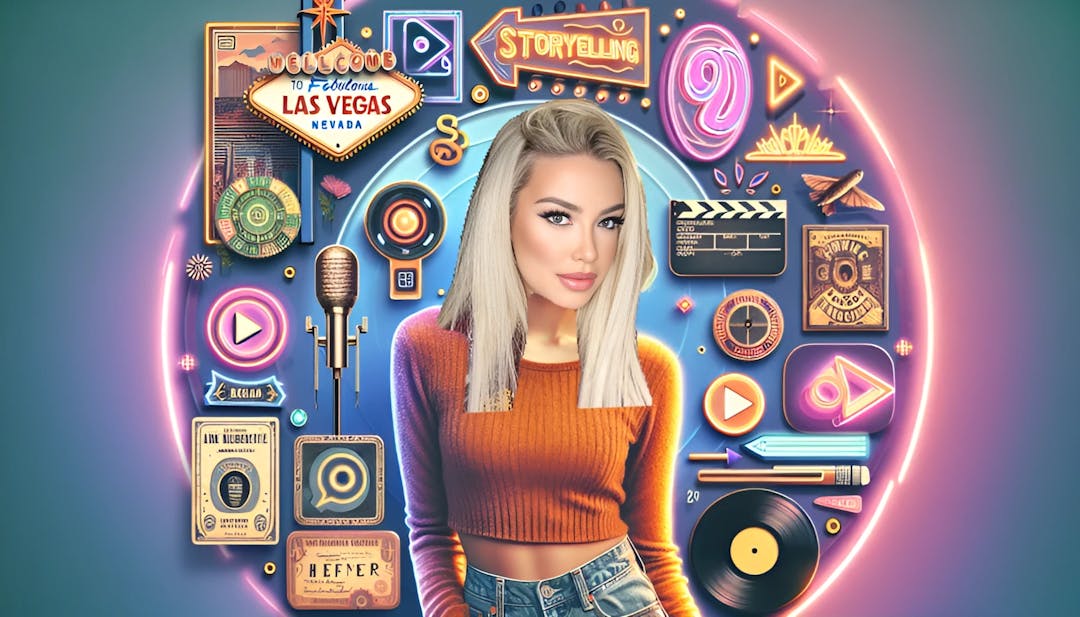 Tana Mongeau with striking blond hair and burgundy top, confidently standing in a Las Vegas-inspired setting, surrounded by vibrant neon lights and personal career icons.