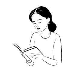 Dibujo de línea de una mujer, representando a Madeline Argy, absorta en la lectura de un libro, mostrando un sentido de determinación, en un fondo blanco.