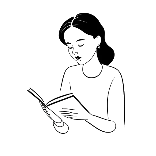 Lijntekening van een vrouw die Madeline Argy representeert, verdiept in het lezen van een boek, wat een gevoel van vastberadenheid uitstraalt, tegen een witte achtergrond.