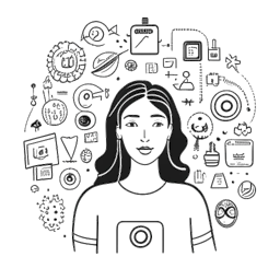 Line art drawing of a woman, representing Madeline Argy surrounded by icons representing various online platforms, illustrating her broad online presence, against a white backdrop.