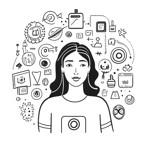Line art drawing of a woman, representing Madeline Argy surrounded by icons representing various online platforms, illustrating her broad online presence, against a white backdrop.