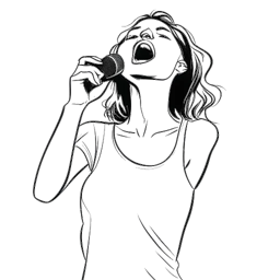Dibujo de línea de una joven, representando a Madeline Argy, realizando entusiastamente un playback, en un fondo blanco.