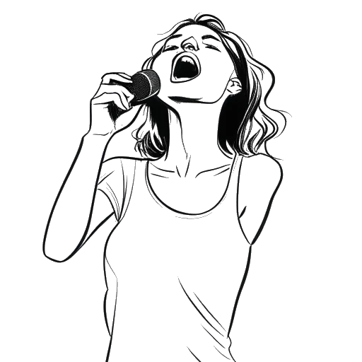 Line art drawing of a young woman, representing Madeline Argy, enthusiastically performing a lip sync, against a white background.
