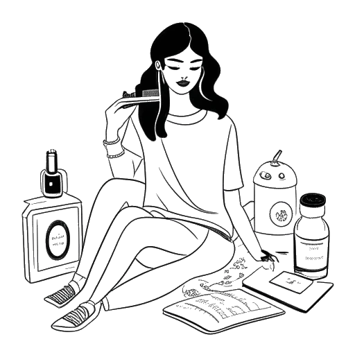 Un dessin en noir et blanc d'une jeune femme, représentant Madeline Argy, utilisant un smartphone avec des éléments de maquillage, une tenue à la mode et du podcasting autour d'elle.