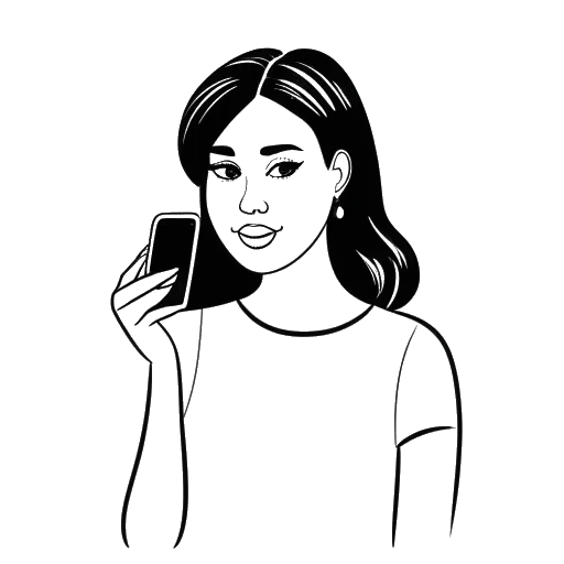 Line art drawing of Madeline Argy, representing her initial dislike towards TikTok, holding a phone with the TikTok logo
