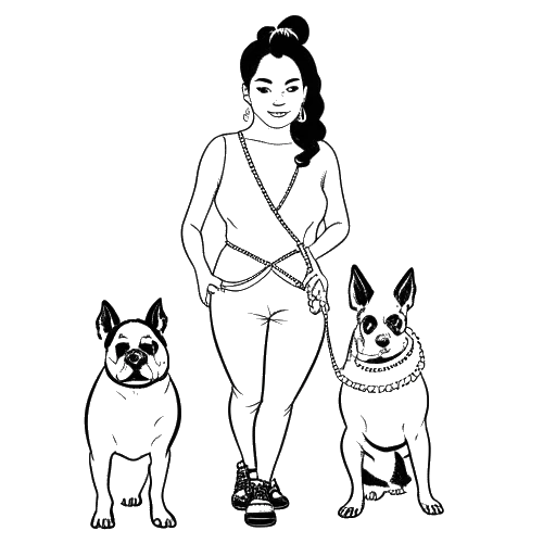 Dibujo en arte lineal de Madeline Argy, representando sus mascotas, un Bulldog Francés llamado Bugs y dos conejos rescatados