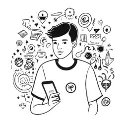 Strichzeichnung eines jungen Mannes, der Matan Even darstellt und im Zentrum der Interaktionen in sozialen Medien steht, umgeben von Symbolen verschiedener Persönlichkeiten.