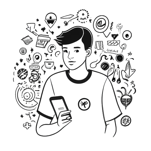 Desenho de arte em linha de um jovem homem, representando Matan Even, no centro da interação nas mídias sociais, com símbolos de várias personalidades públicas ao redor dele.