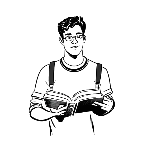 Line art drawing of a young man holding two books, one labeled 'English' and the other 'Hebrew', representing Matan Even, on a white background