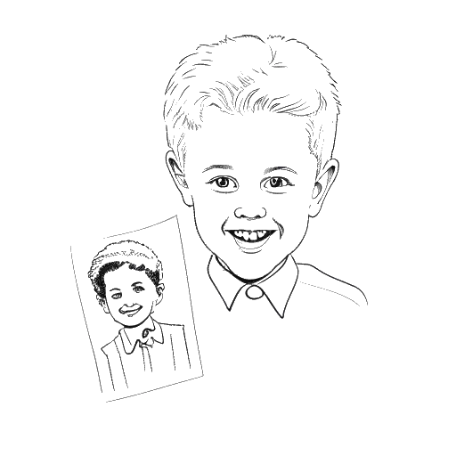 Line art drawing of a young boy holding a picture of former President Bill Clinton, representing Matan Even, on a white background