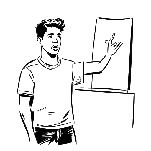 Dibujo de arte lineal de un joven interrumpiendo un panel, con una pancarta de protesta en el fondo, representando a Matan Even, en un fondo blanco