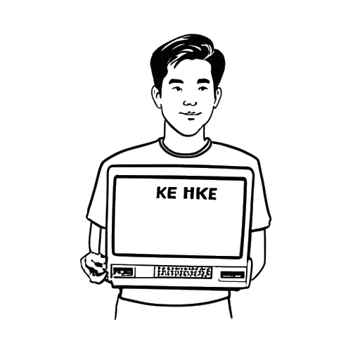 Line art drawing of a young man holding a TV with 'Free HK' written on the screen, representing Matan Even, on a white background
