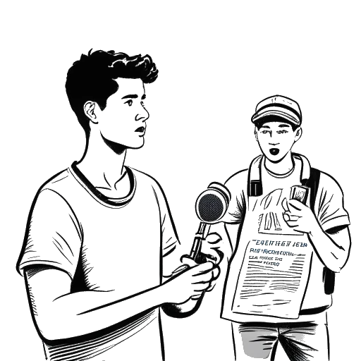 Desenho em arte linear de um jovem sendo entrevistado, com um cartaz de protesto ao fundo, representando Matan Even, em um fundo branco