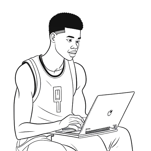 Disegno in stile line art di un giovane che prende il controllo di account meme e trolla un giocatore NBA, rappresentante Matan Even, su sfondo bianco