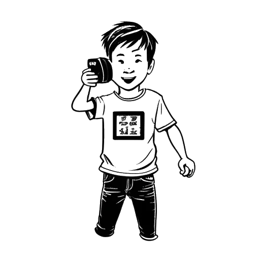 Line art drawing of a young boy wearing a 'Free Hong Kong' t-shirt and dancing in front of a camera, representing Matan Even, on a white background