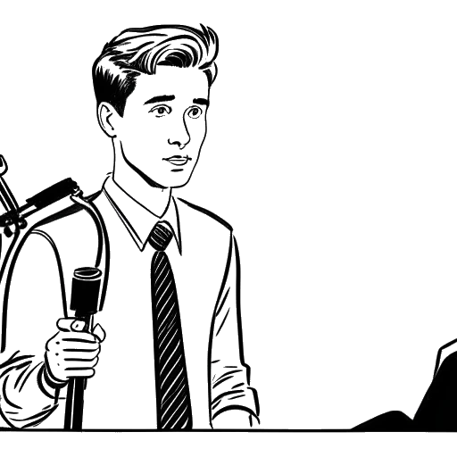 Line art drawing of a young man being interviewed by journalists, representing Matan Even, on a white background